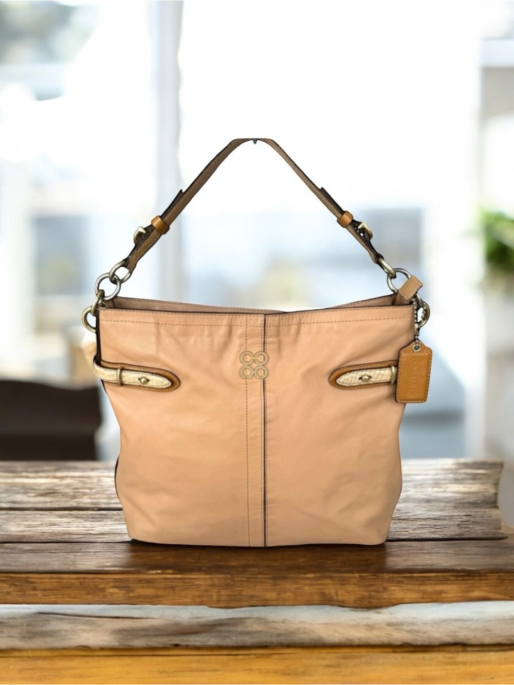 Coach Leather Colette Shoulder Bag Snakeskin Detail Beige Hobo Bag Handle Bag